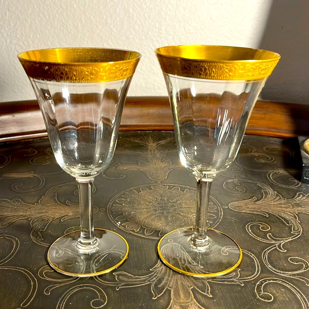 Tiffin Crystal Wine goblets 24k gold rimmed set of two
